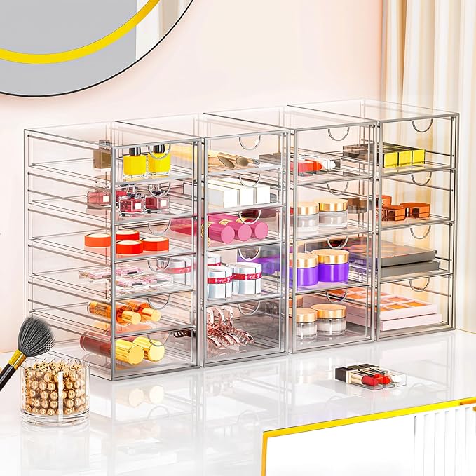 YFXCVSL Acrylic Makeup Organizer with 19 Drawers, 4 Pack Clear Storage Drawers, Bathroom Makeup Organizer for Palettes, Cosme