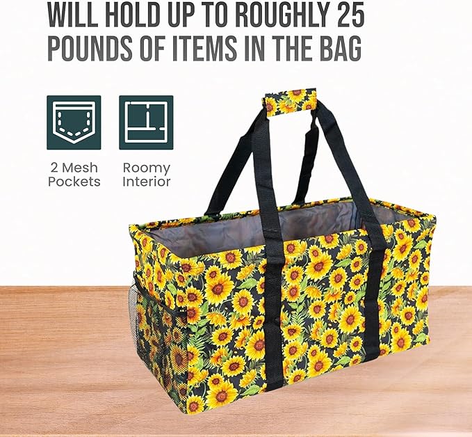 Extra Large Utility Tote Bag - Oversized Collapsible Reusable Wire Frame Rectangular Canvas Basket With Two Exterior Pockets For Beach, Pool, Laundry, Car Trunk, Storage - Sunflower
