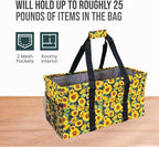 Extra Large Utility Tote Bag - Oversized Collapsible Reusable Wire Frame Rectangular Canvas Basket With Two Exterior Pockets For Beach, Pool, Laundry, Car Trunk, Storage - Sunflower