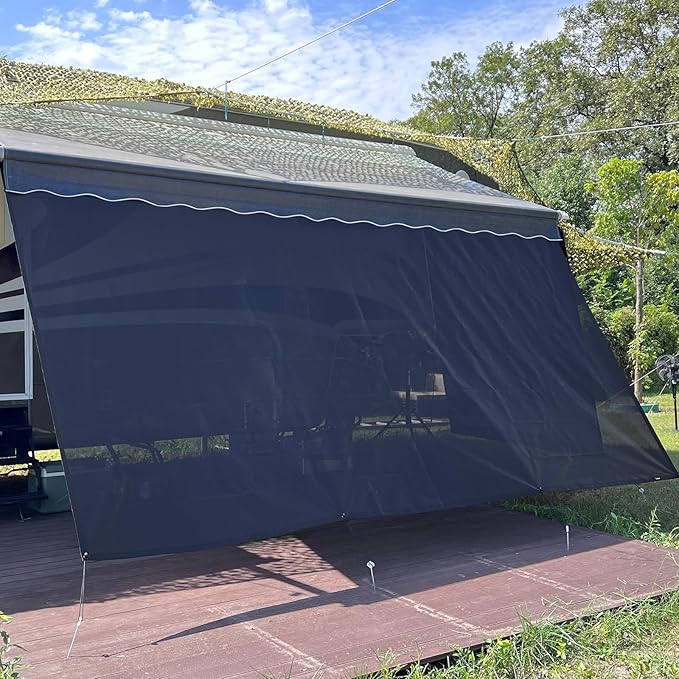 RV Awning Shade Screen Without Zipper 8'x13'3'',Black Mesh RV Awning Sun Shade Screen,Universal Trailer Camper RV Awning Screen with Complete Kit,Significantly Improves Shadow and Privacy