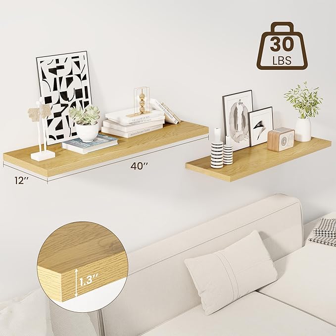 Dreamland 40" Floating Shelves for Wall, 12" Deep Slim Oak Floating Shelves, Wall-Mounted Shelves for Bedroom, Living Room, K