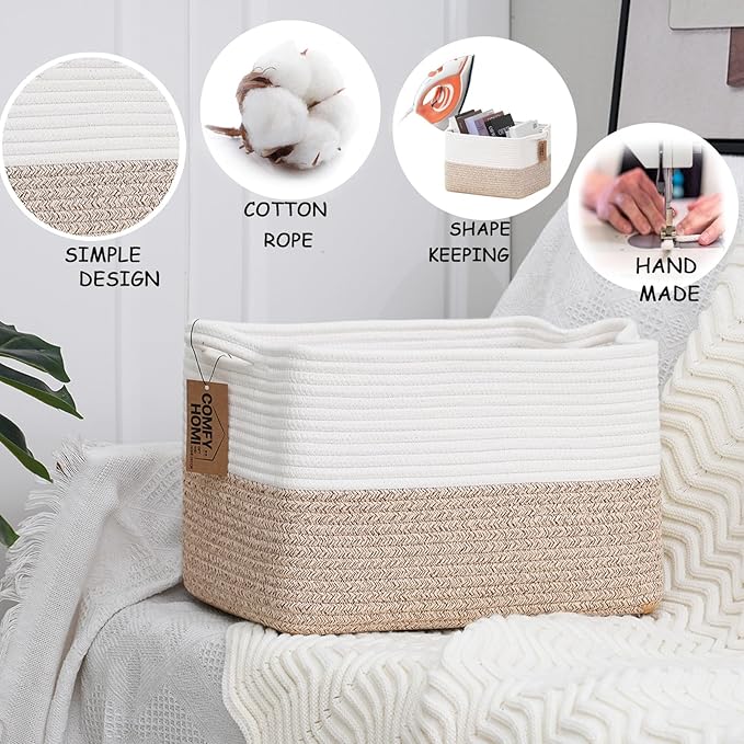 COMFY-HOMI 3-Pack Cotton Rope Woven Basket with Handles for Shelves, Books, Toys, Cloth Storage|Towel Storage|Nursery Baby Ba
