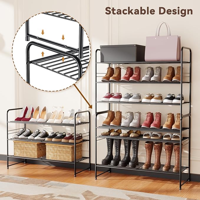Shoe Rack, 3 Tier Metal Shoe Shelf Organizer for Entryway, Floor, Stackable & Height-Adjustable, Black