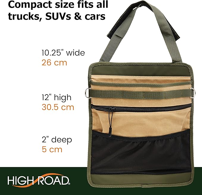High Road Cairn Front Seat Car Trash Bag with Storage Pockets and Hanging Attachments, Waxed Nylon with Faux Leather Trim