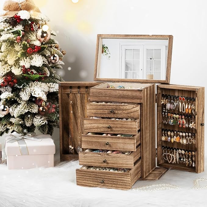Emfogo Wooden Jewelry Box for Women, 6-Tier Large Jewelry Organizer Boxes with Mirror Rustic Solid Wood jewlery Storage Displ