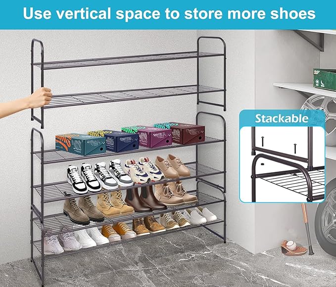 KEETDY 2-Tier Long Shoe Rack for Closet Entryway Shoe Organizer for 18 Pairs Sneakers, Metal Stackable Shoe Storage Shelf wit