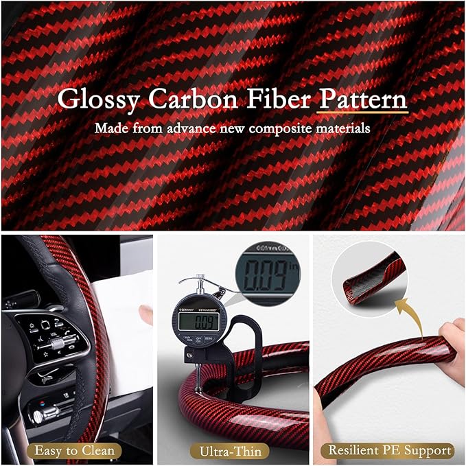 Aimato Car Steering Wheel Cover Carbon Fiber, Ultra-Thin Car Steering Wheel Cover,Comfortable & Breathable Microfiber,Universal Fit for Most Cars, Bright Red
