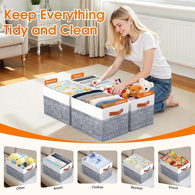Fab totes Collapsible Storage Baskets for Shelves,14"x10", 4 Pack Foldable Fabric Storage Bins with Double Leather Handles, L