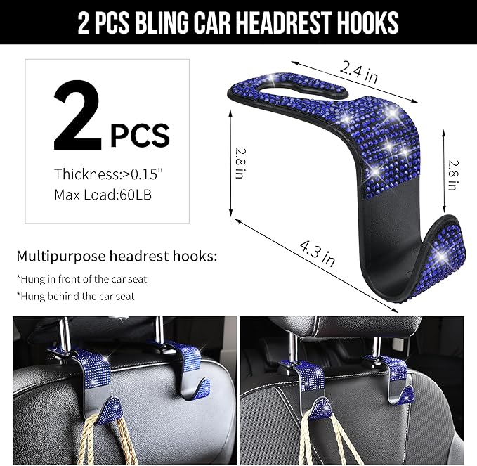 CAR PASS 23 PCS Bling Diamond Car Accessories Set for Women, Leather Seat Covers Full Set Sparkly Rhinestone15'' Steering Wheel Covers Shining Diamond Floor Mats Cute Car Interior Sets,Blue