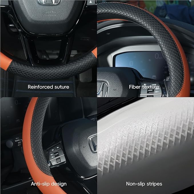LABBYWAY Car Steering Wheel Cover, Leather, Universal 15 Inch Fit, Anti-Slip & Odor-Free,Brown