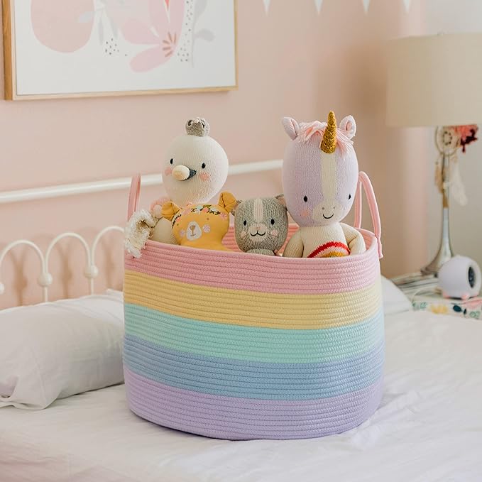 OrganiHaus Rainbow Blanket Basket for Classroom & Nursery, Extra Large Woven Laundry Basket w/Handles, Kids Toy Organizer & S
