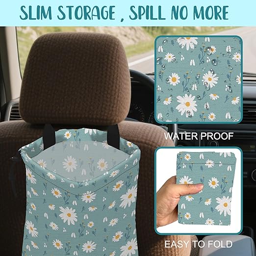 Car Garbage Bag Beautiful Blue Blooming Flowers Drawstring Car Trash Bag Hanging for Back Seat with Adjustable Buckle Canvas Vehicle Trash Can Easy-to-Install