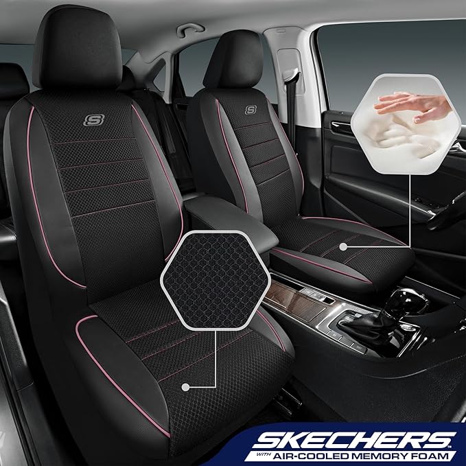 Skechers Air-Cooled Memory Foam Seat Covers,Mesh Thick Car Seat Covers,Piping Leather Car Seat Cover,Airbag Compatible,Automo