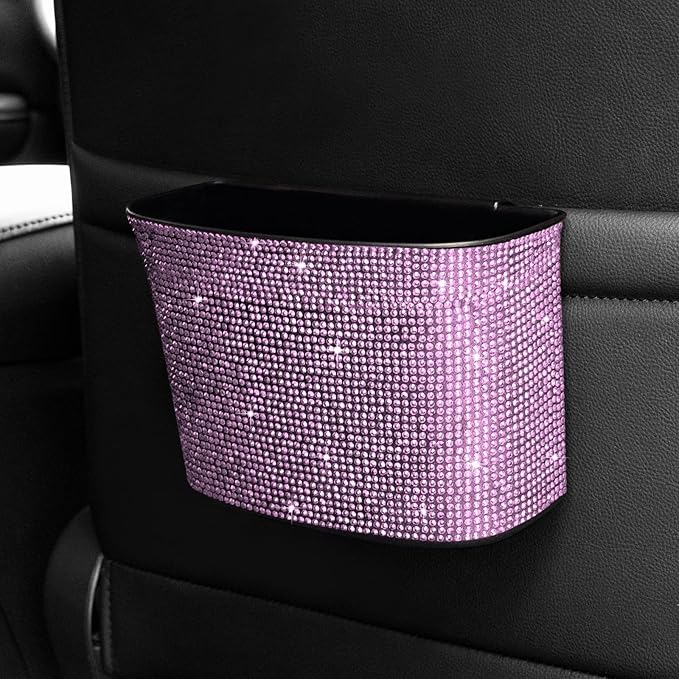Bling Crystal Auto Trash Can, 100% Leak Proof Car Trash Bin with Storage Pockets, Hanging for Backside/Gearshift/Center Console, Pink