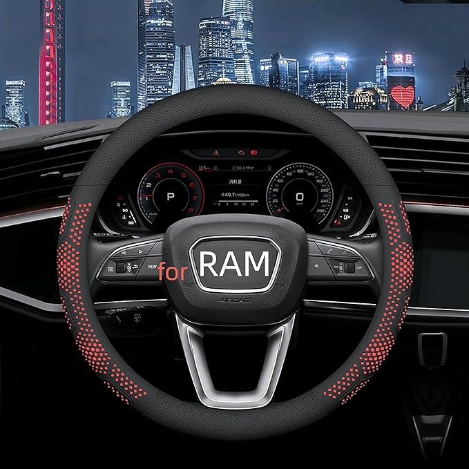 Leather Steering Wheel Cover for Dodge Ram 1500 2500 3500, 15.5-16 inches Car Steering Wheel Cover with Non-Slip Breathable (