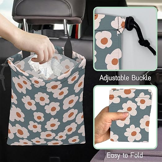 Groovy Flowers Car Garbage Bag,Daisy Waterproof Small Car Trash Bag Hanging Back of Seat,Drawstring Hanging Car Trash Bag with Adjustable Buckle for Car Accessories