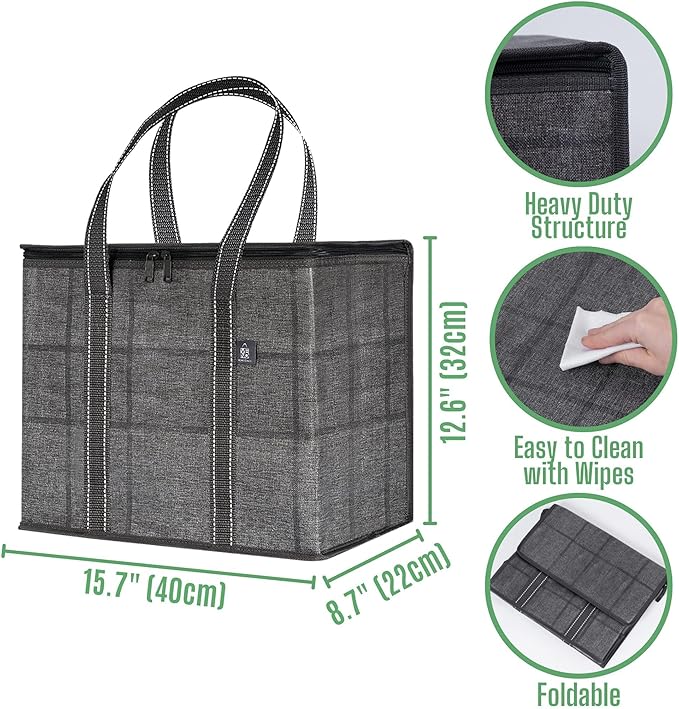 VENO 2 Pack Cooler Bag and Insulated Grocery Bags for Food Delivery, Collapsible Cooler. Reusable Shopping Bags for Groceries with Hard Bottom, Zippered, Foldable, Heavy-Duty (Windowpane, 2 Pack)