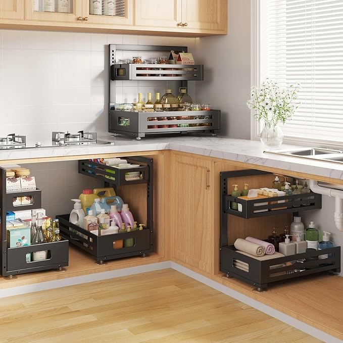 2 Pack 17IN-Depth Under Sink Organizer,Pull Out Cabinet Organizer With Smooth Cylindrical Rail,Metal Slide Out Drawer for Kit