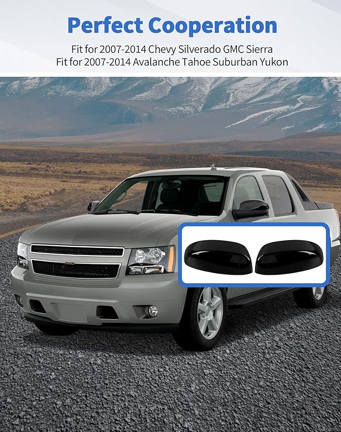 Rearview Mirror Half Caps Covers Compatible with 2007-2014 Chevy Silverado GMC Sierra Avalanche Tahoe Suburban Yukon Escalade ESV Left Right Side View Upper Mirror Cover Caps, Black