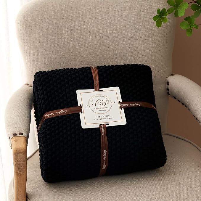 Chunky Cable Knit Throw Blanket Lightweight Black 100% Organic Cotton Blanket for Sofa Couch Bed Baby Nursery, Rustic Shabby 