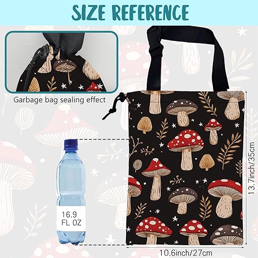 Car Garbage Bag Mushrooms and Golden Leaves Hanging Canvas Car Trash Bag Drawstring Car Back Seat Organizer for Car Back Front Seat Console with Adjustable Buckle