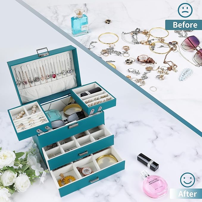 Dajasan Jewelry Box Organizer, Jewelry Holder Organizer Box, 4 Layers Leather Jewelry Storage Box, Gift Idea for Women, Girlf