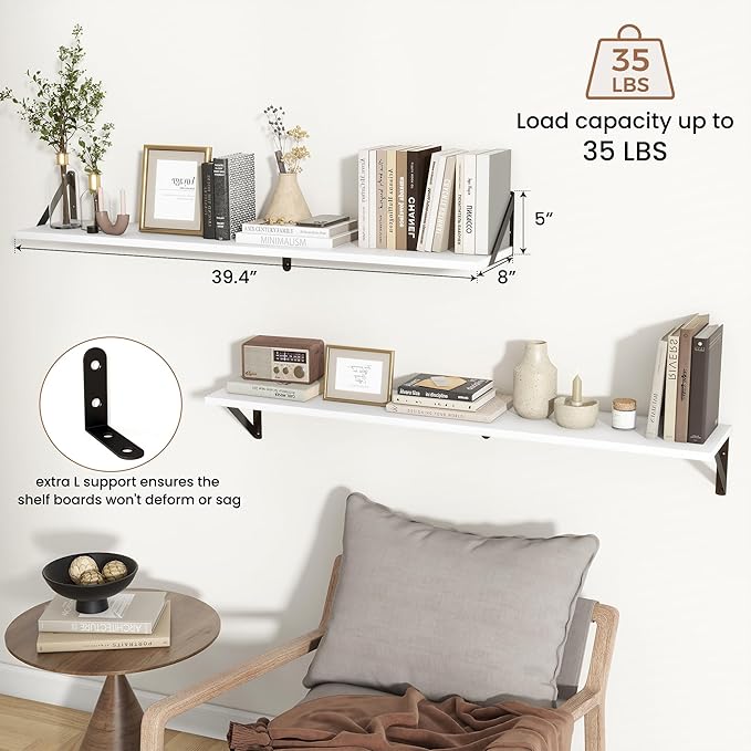Axeman 40 Inch Floating Shelves | 8 Inch Deep White Wall Shelves Set of 2 | 39.4" W x 8" D Rustic White Wood Shelves for Bath