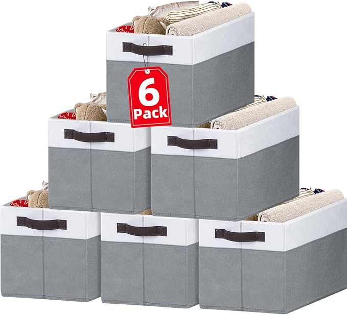 Criusia Closet Organizers and Storage Baskets - 6 Pack Shelf Organizer Bins with Handles - Clothes Storage Bins for Bedroom N