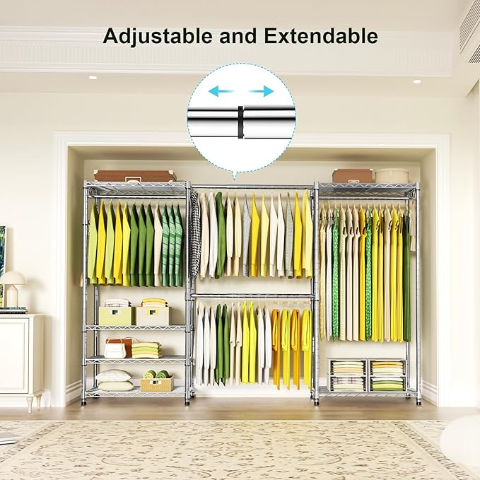 Ulif E1 Heavy Duty Closet Garment Rack, 6 Tiers Adjustable Metal Freestanding Expandable Clothing Storage with 4 Hanger Rods,