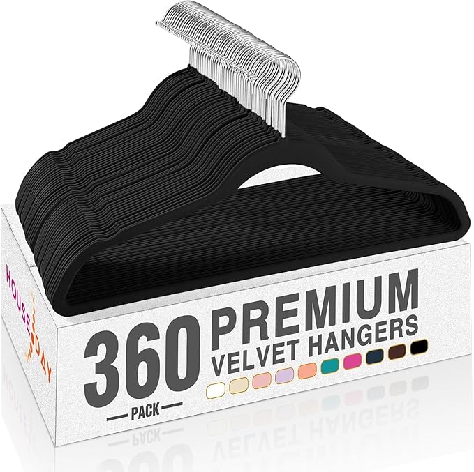 HOUSE DAY Black Velvet Hangers 360 Pack, Premium Non-Slip Felt Clothes Hangers, Sturdy Black Hanger Heavy Duty Durable for Co