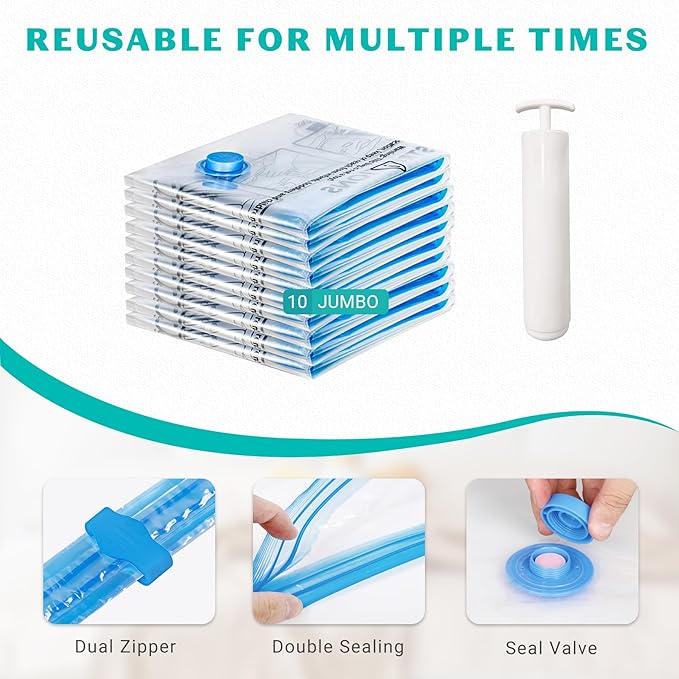 10 Pack Jumbo Space Saver Vacuum Storage Bags Seal Bags for Clothing Travel Compression Bags for Comforters Blankets Bedding 