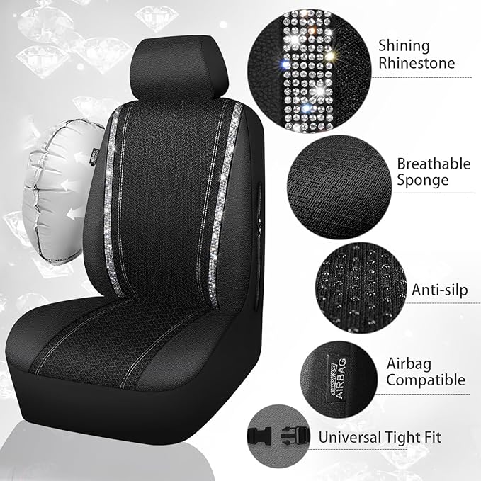 CAR PASS Memory Foam Mesh Bling Diamond Car Seat Cover 2 Front Seat Breathable Soft Sponge Universal Shining Glitter Sparkly Crystal Fit Armrest Automotive Truck SUV Cute Women Girl, Silver Rhinestone