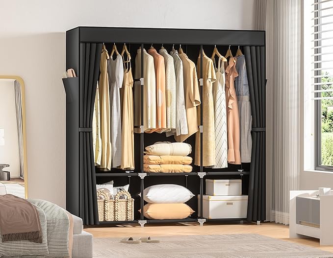 Neatrays Wardrobe Closet，Portable Closets for Hanging Clothes,Free Standing Clothes Rack with Cover & 3 Hanging rods & 6 Stor