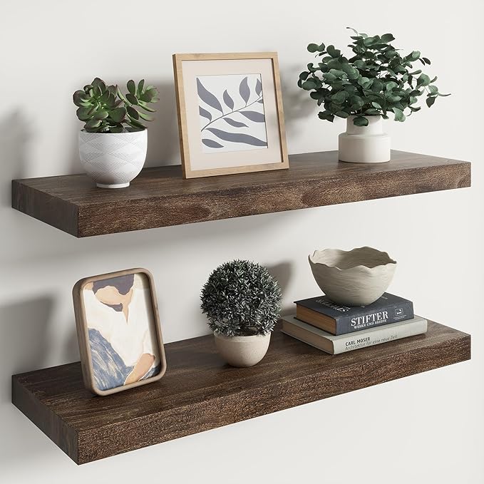 RICHFOCUS Elm Floating Shelves for Wall - 30" W x 9.3" D Rustic Solid Wood Shelves with Invisible Bracket, Wall-Mounted for L