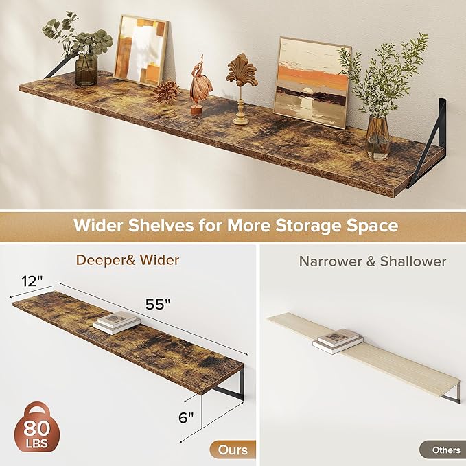Deep Floating Shelves Wall Mounted, 55"x12" Brown Wood Shelves with Brackets Set of 2 for Bedroom, Living Room, Bathroom, Kit