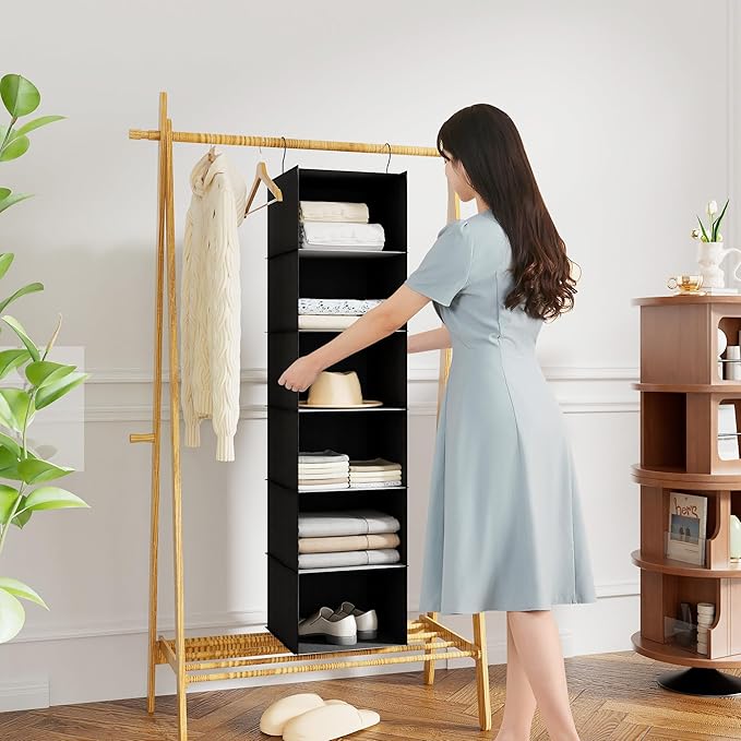Hanging Closet Organizer and Storage 6-Shelf, Easy Mount Foldable Hanging Closet Wardrobe Shelves, Clothes Handbag Shoes Acce