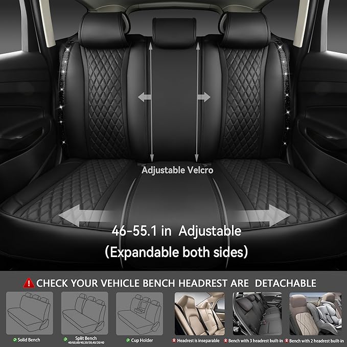 CAR PASS Bling Diamond Back Seat Covers, Nappa Leather Rear Seat Bench Cushion Waterproof Breathable Back Row Protector Unive