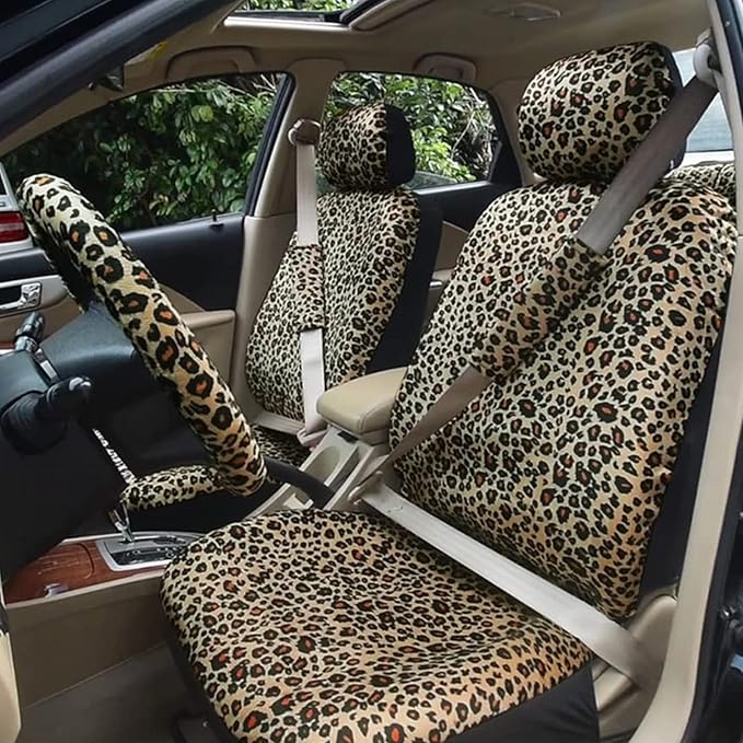 AUTOFAN Leopard Car Seat Covers Full Set with Steering Wheel Cover 2 Seat Belt Pads, Cheetah Print Seat Covers for Cars for W