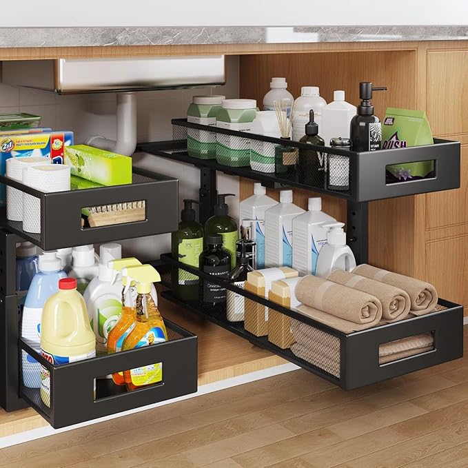 2 Packs 21IN Depth Under Sink Organizer, 2-Tier Pull Out Cabinet Organizer With Smooth Circular Rail, Large Capacity Metal Me