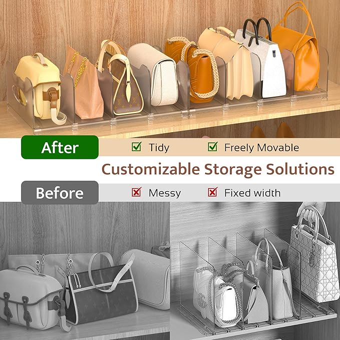 SURETIVIAN 2-Pack Purse Organizers for Closet, Adjustable Small Shelf Divider Rack for Closet, Clear Handbag Storage Organize
