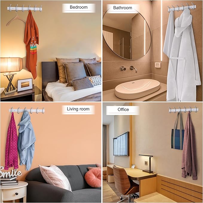 White Coat Rack Wall Mount – 17 Inch Stainless Steel Hook Rail with 6 Heavy Duty Double Coat Hooks – Wall Mounted Coat Hanger