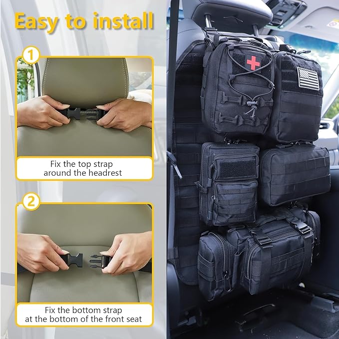 Universal Tactical Car Seat Back Organizer Bag Tactical Molle Vehicle Organizers Panel Vehicle Protector Organizers with 5 Detachable Pouches for Car Truck Ford Jeep (Model A-Black)