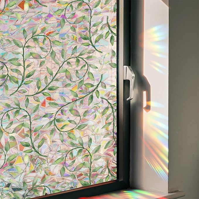 Niviy Leaf Rainbow Window Film, Stained Glass Window Film Glass Decals Static Cling Stickers, Windows Tint for Home Bathroom (16.93 x 39.37inch)