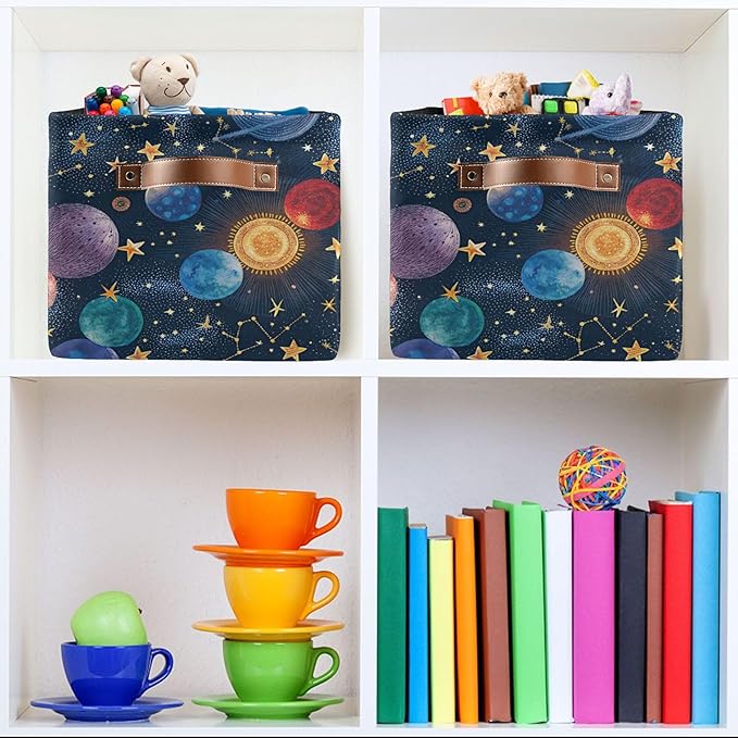 xigua Cartoon Planets Storage Basket Collapsible Storage Bins Waterproof Canvas Storage Basket with Leather Handles for Home 