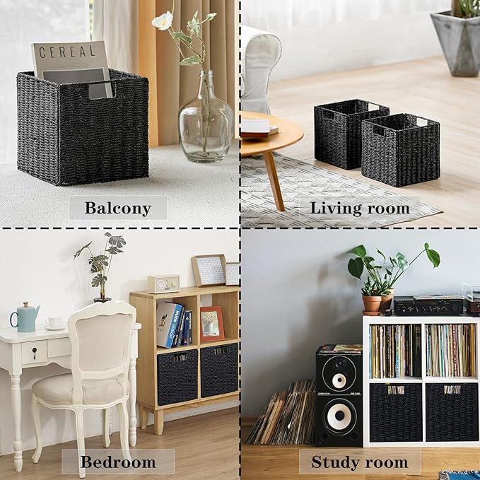 Vagusicc Storage Basket, Set of 2 Hand-Woven Storage Baskets for Organizing with Handles, Foldable Cube Storage Baskets Bins 
