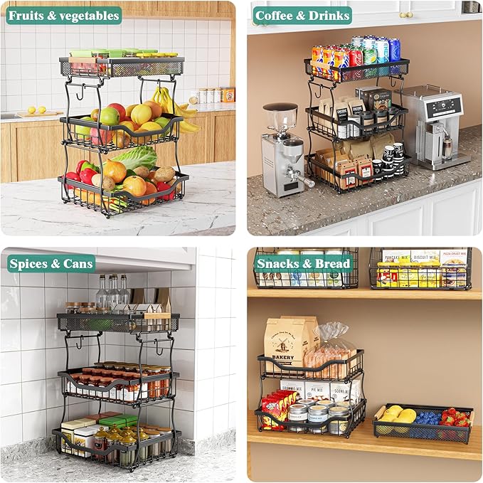 Giwil 3 Tier Countertop Fruit Mesh Basket for Kitchen, Vegetable Storage Bread Fruit Bowl Stand with 2 Banana Hooks, Wall Mou