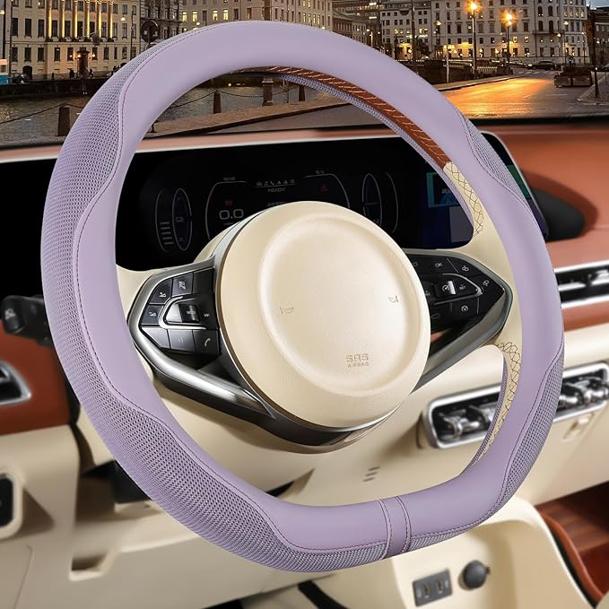 14 inch D Shaped Steering Wheel Cover for Prius Civic, Nappa Microfiber Leather Non-Slip Breathable Fabric, Warm in Winter an