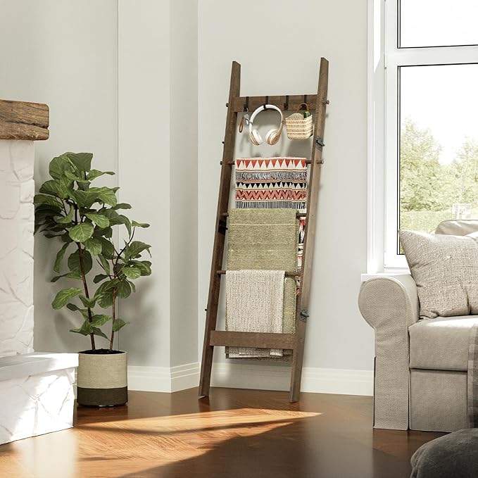 5-Tier Bamboo Ladder Shelf, Farmhouse Style Blanket Ladder, Rustic Decorative Ladder with 4 Removable Hooks, Brown