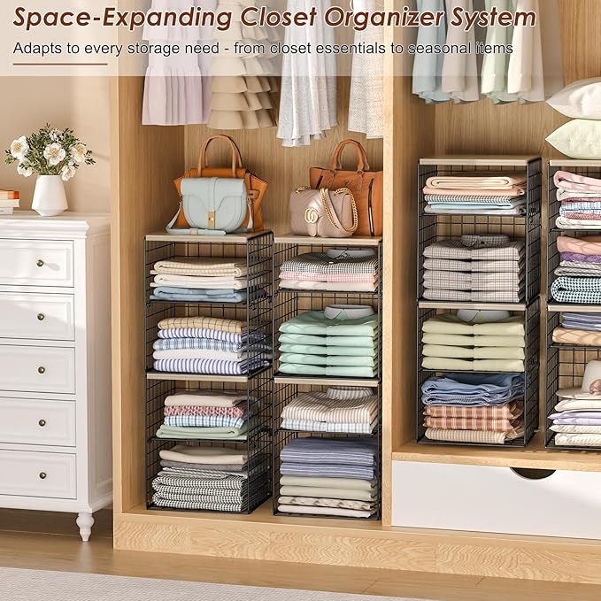 4-Tier Stackable Closet Organizers and Storage, Adjustable Dividers & Wood Top Storage Shelves for Clothes, Wardrobe & Closet