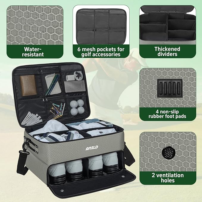 ANILD Golf Trunk Organizer, 2 Layer Golf Storage Case with Separate Ventilated Compartment for 2 Pair Shoes, for Balls, Tees,